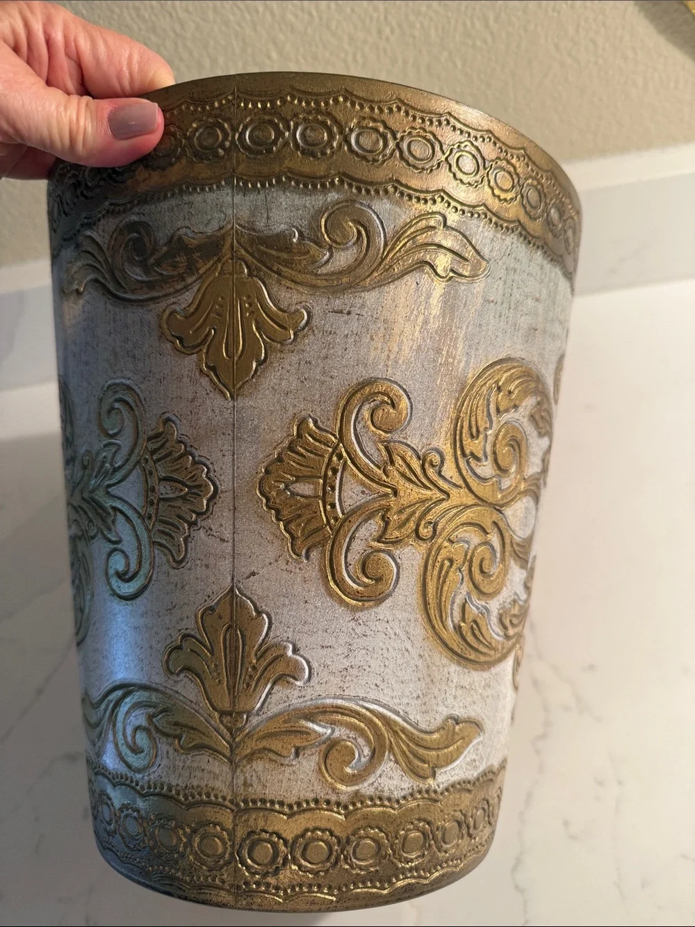 Vintage Italian Gilt Gold and White Embossed Waste Basket
